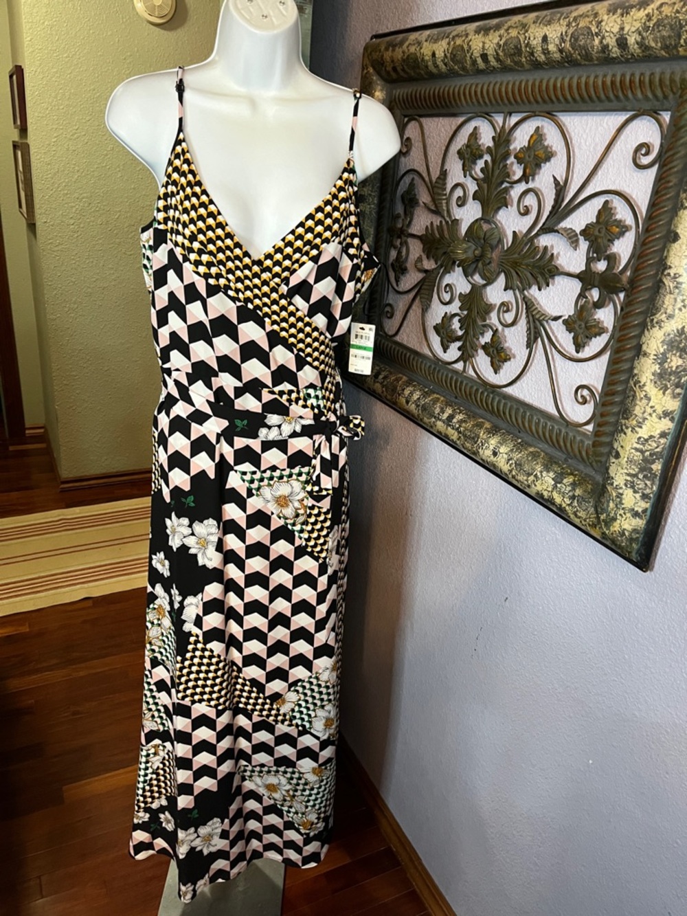 NWT Bar III Black and Blush Pink Geometric Floral Maxi Dress- True Wrap Sz XL